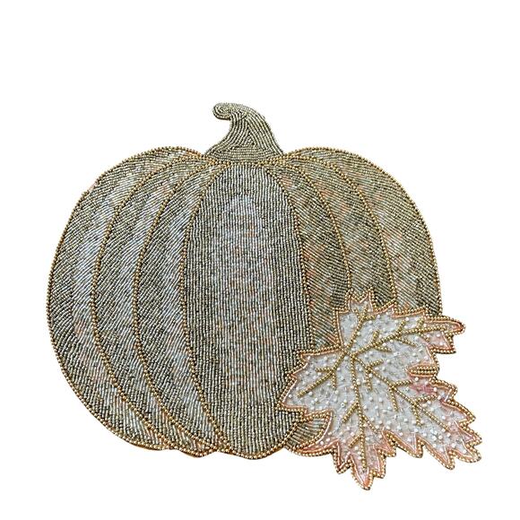 Nicole Miller Beaded PUMPKIN Placemat 15in Gold Silver Glam Fall Decor New - Picture 4 of 7